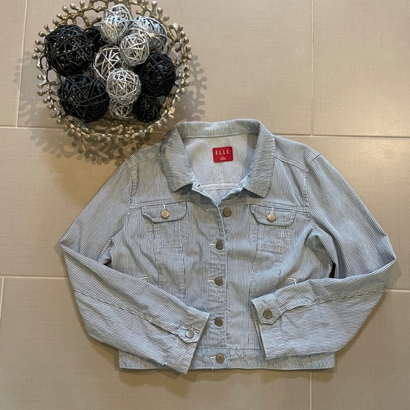 Elle Striped Cropped Denim Jacket Blue & White Women's S - Picture 2 of 12